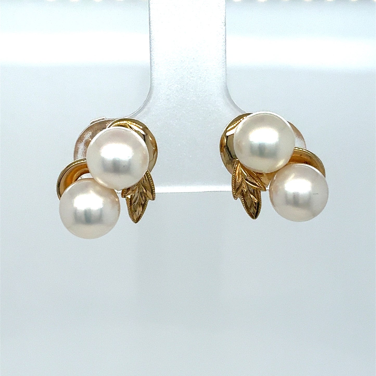 14K Yellow Gold Estate Double Pearl Leaf Stud Earrings
