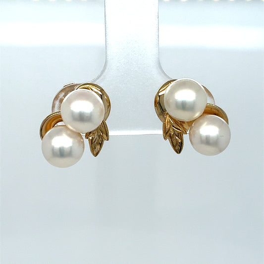 14K Yellow Gold Estate Double Pearl Leaf Stud Earrings