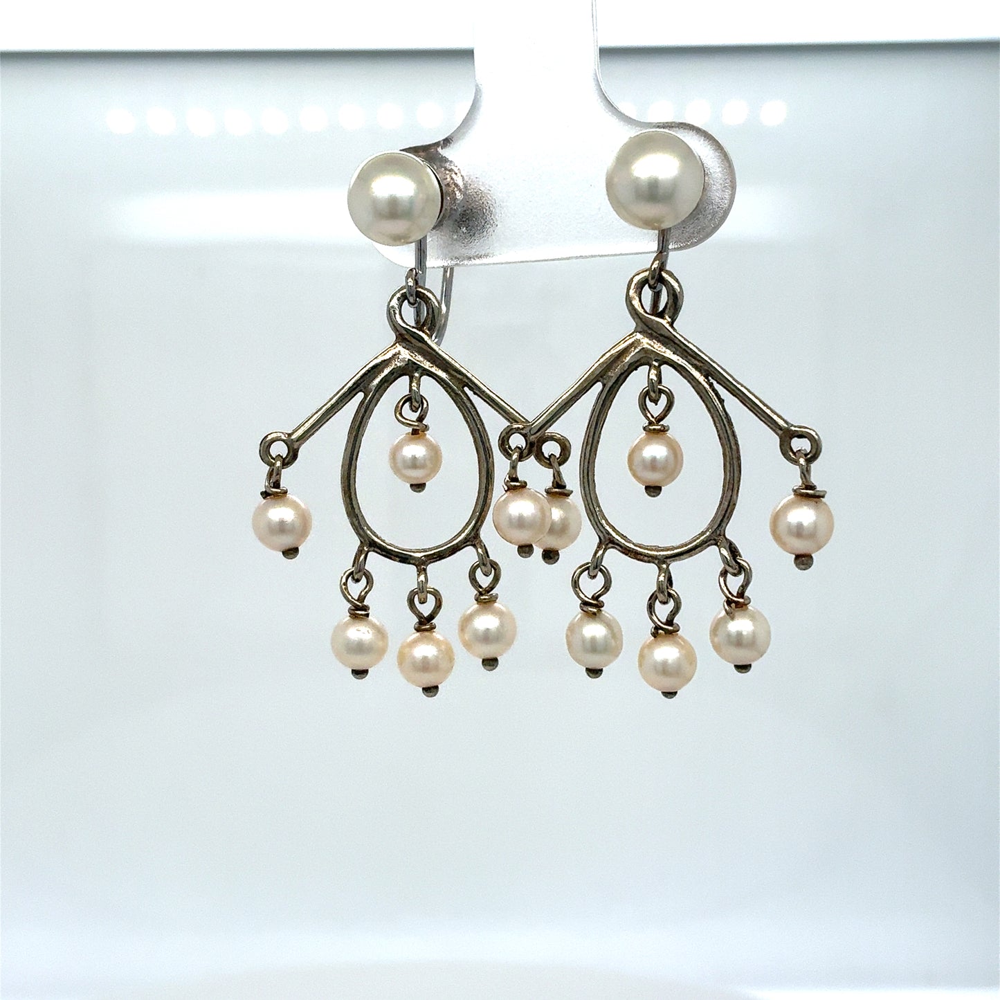14K White Gold Estate Pearl Non-Pierced Chandelier Earrings