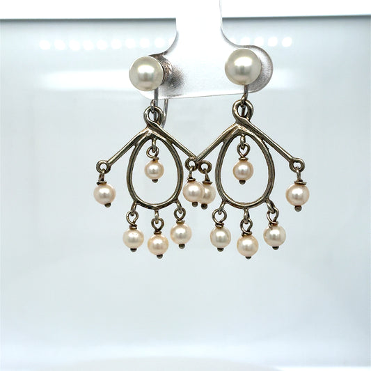 14K White Gold Estate Pearl Non-Pierced Chandelier Earrings