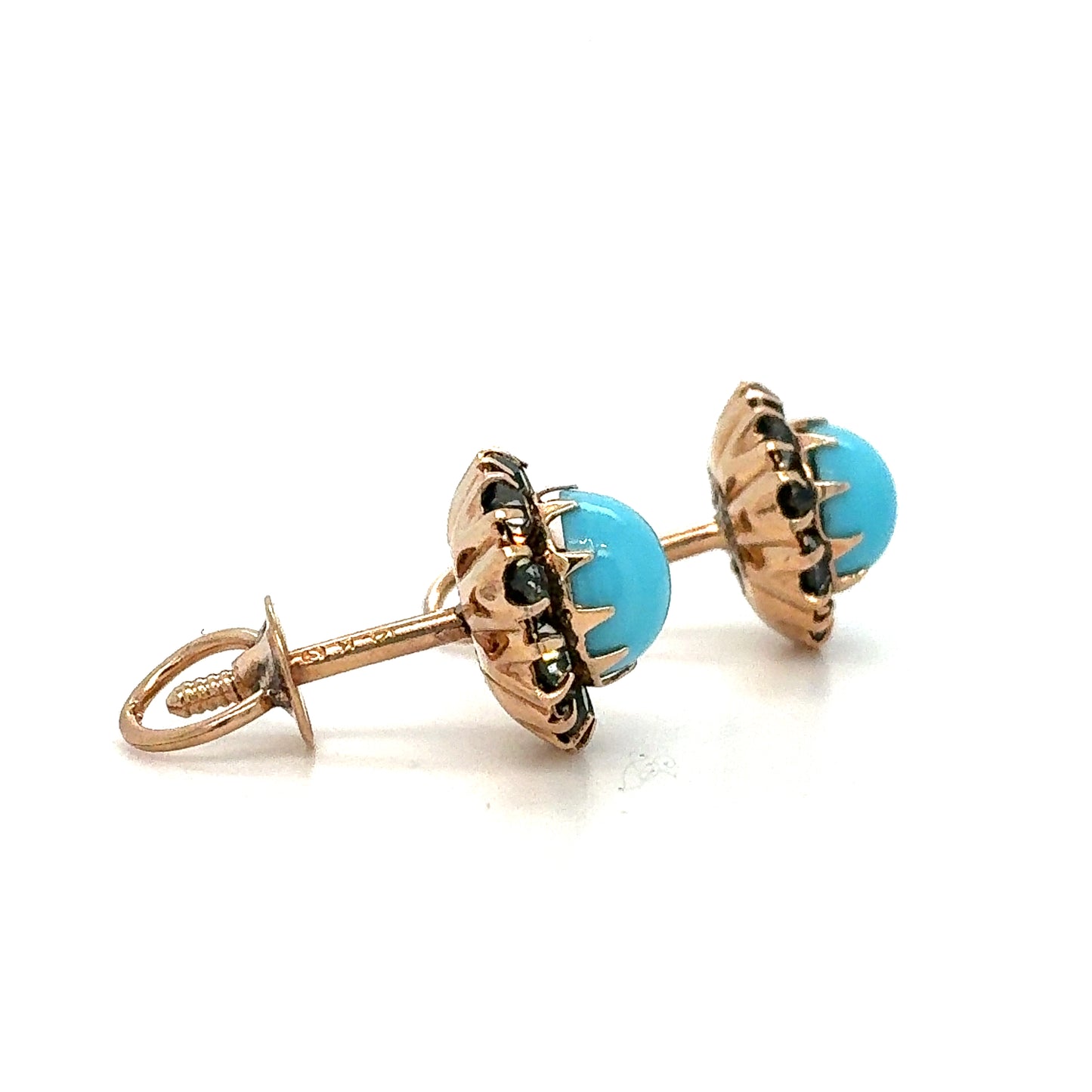 14K Yellow Gold Estate Stud Earrings with Blue Center & Green Halo