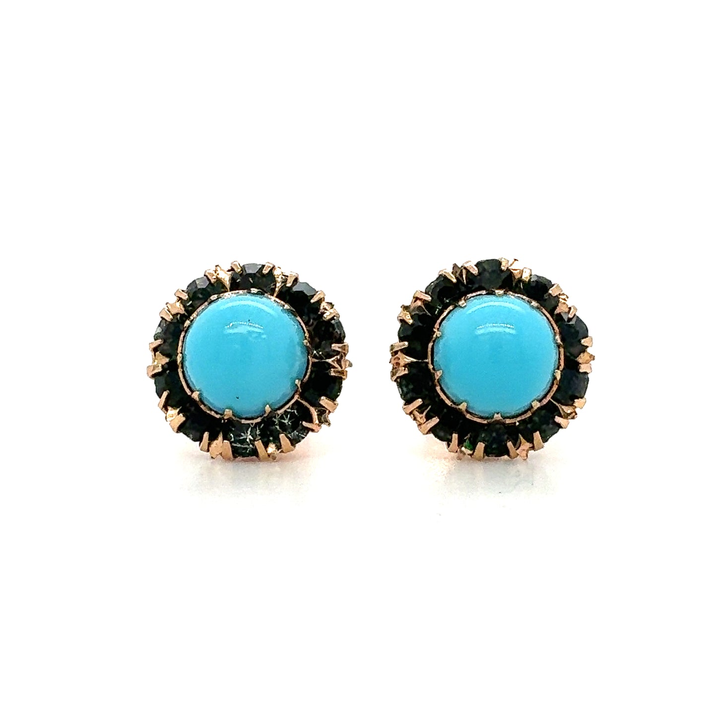 14K Yellow Gold Estate Stud Earrings with Blue Center & Green Halo