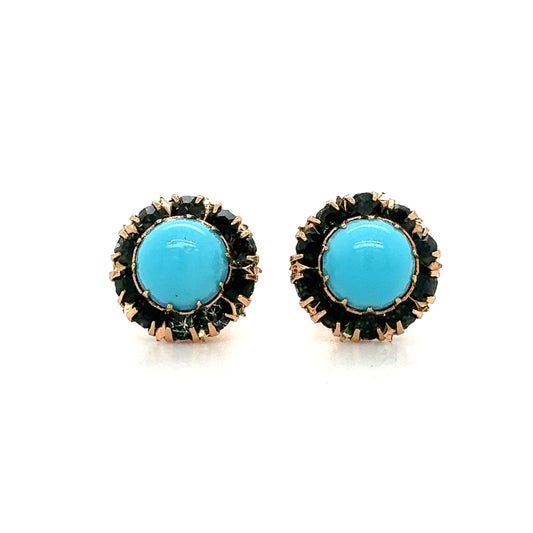 14K Yellow Gold Estate Stud Earrings with Blue Center & Green Halo