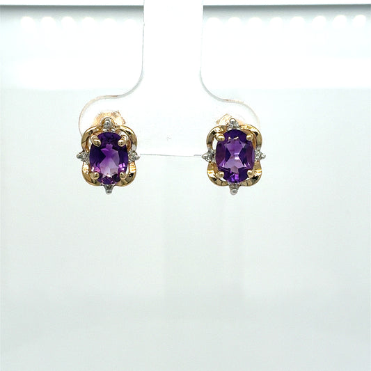 14K Yellow Gold Estate Amethyst & Diamond Stud Earrings