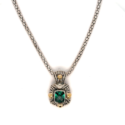 Sterling Silver Estate Necklace with Green Center on 18" Popcorn Chain