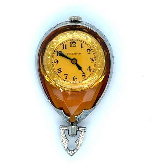14K White Gold Amber Estate Pendant Watch