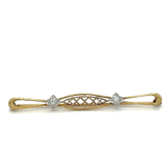 Estate 14K Two-Tone Filigree Pin with Bezel-Set Clear Stones