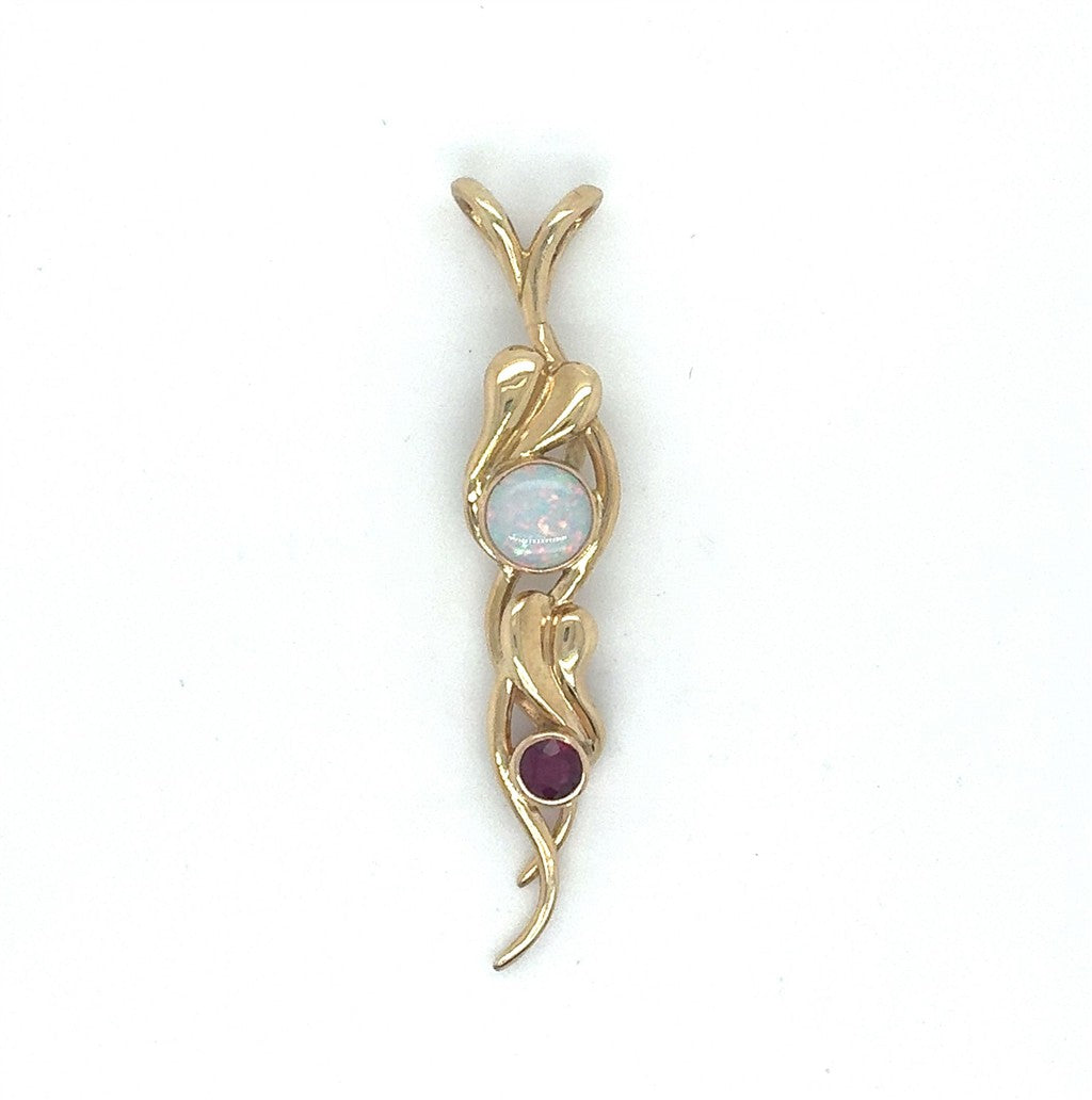 14K Yellow Gold Free Form Pendant with Opal and Ruby
