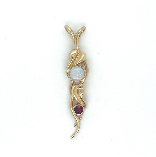 14K Yellow Gold Free Form Pendant with Opal and Ruby