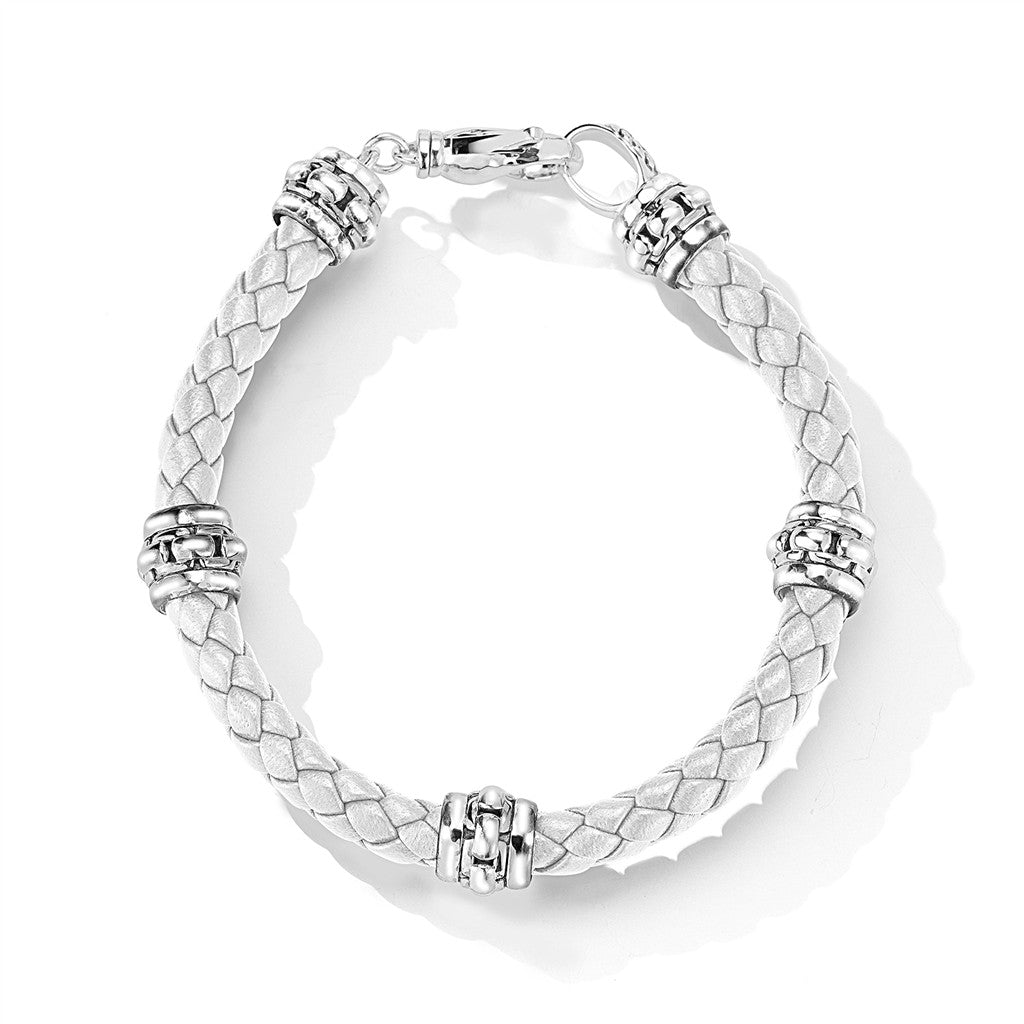 JAI Sterling Silver 6mm Woven White Leather & Box  | Silver Bracelets