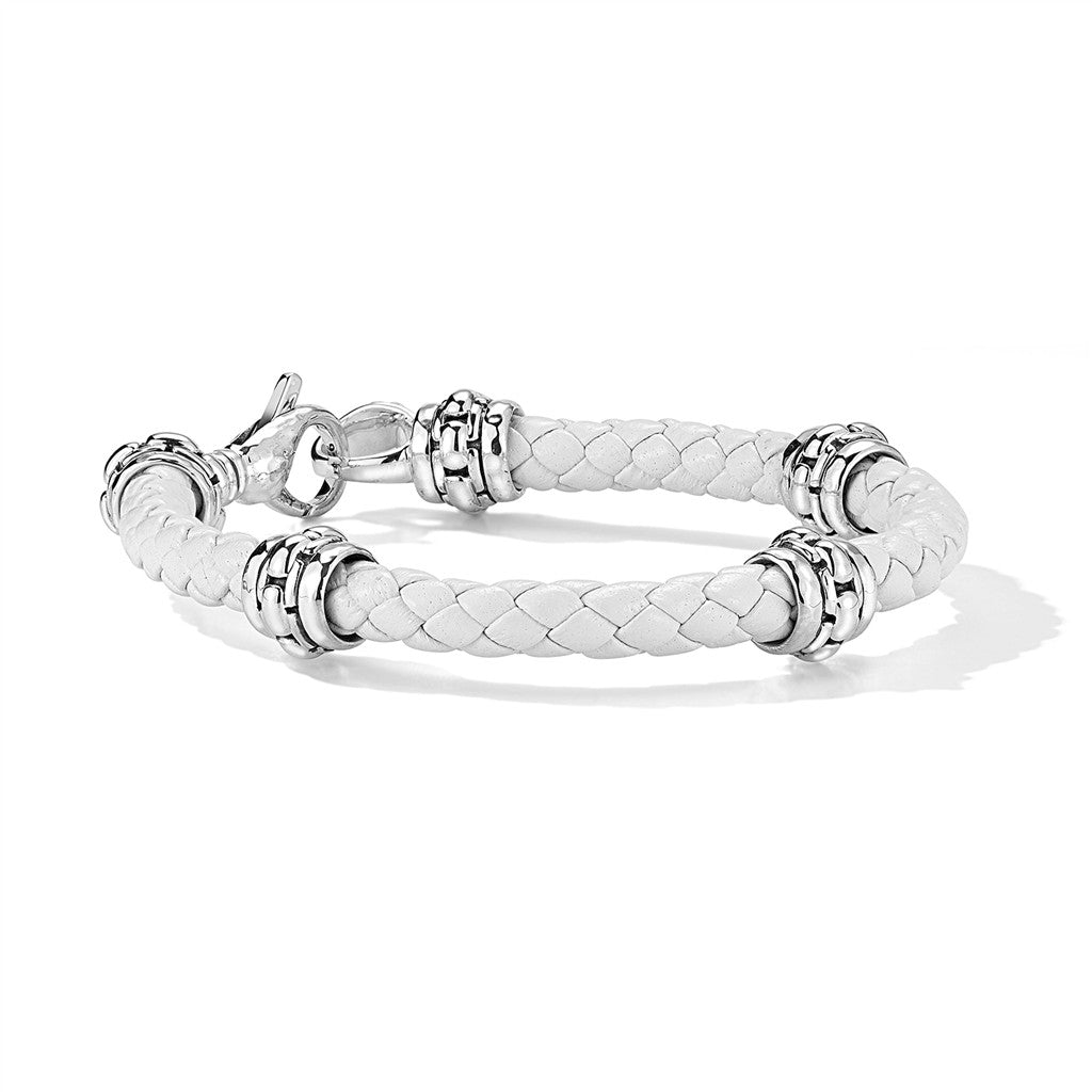 JAI Sterling Silver 6mm Woven White Leather & Box  | Silver Bracelets