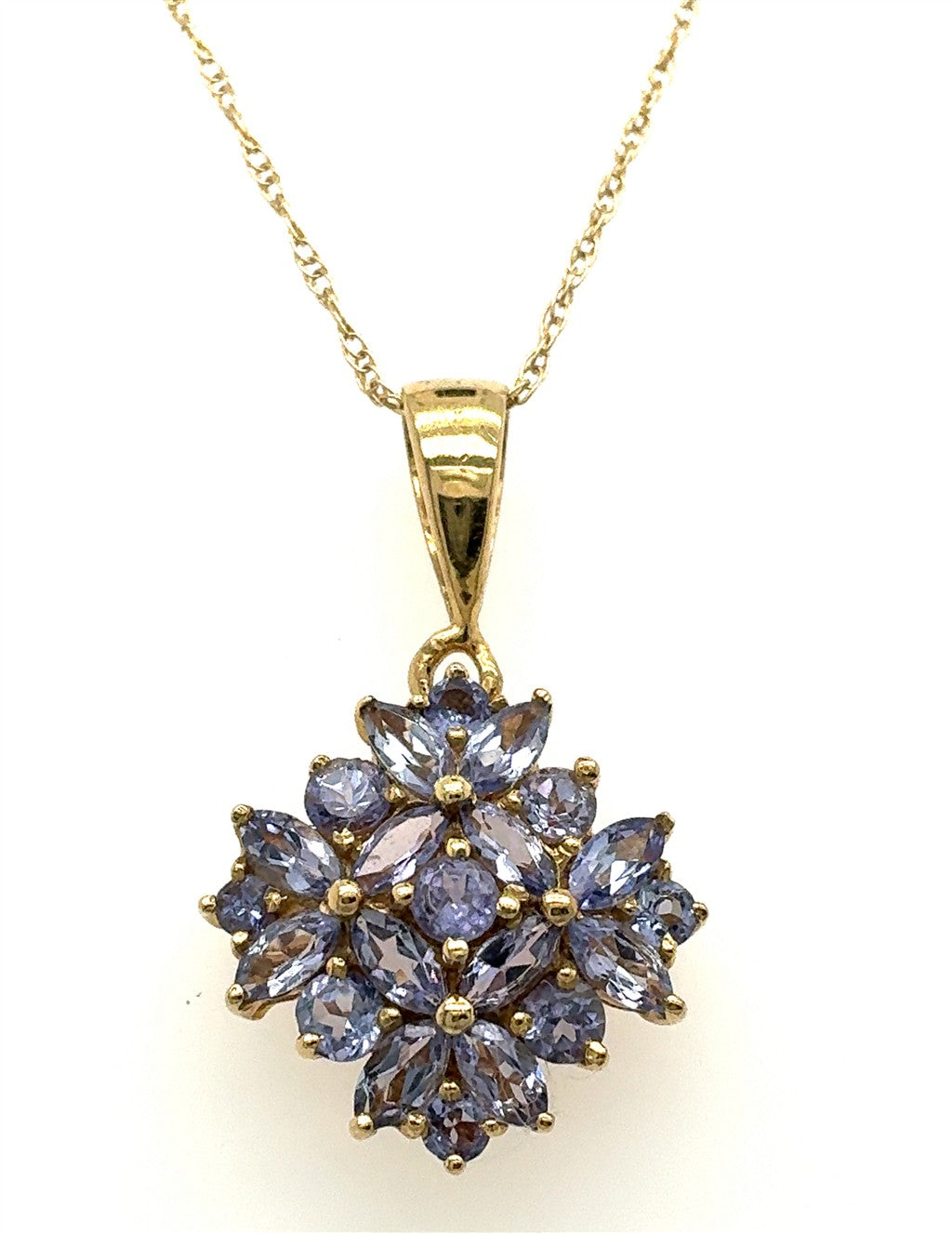 14K Yellow Gold Purple Stone Flower Pendant on 18" Chain