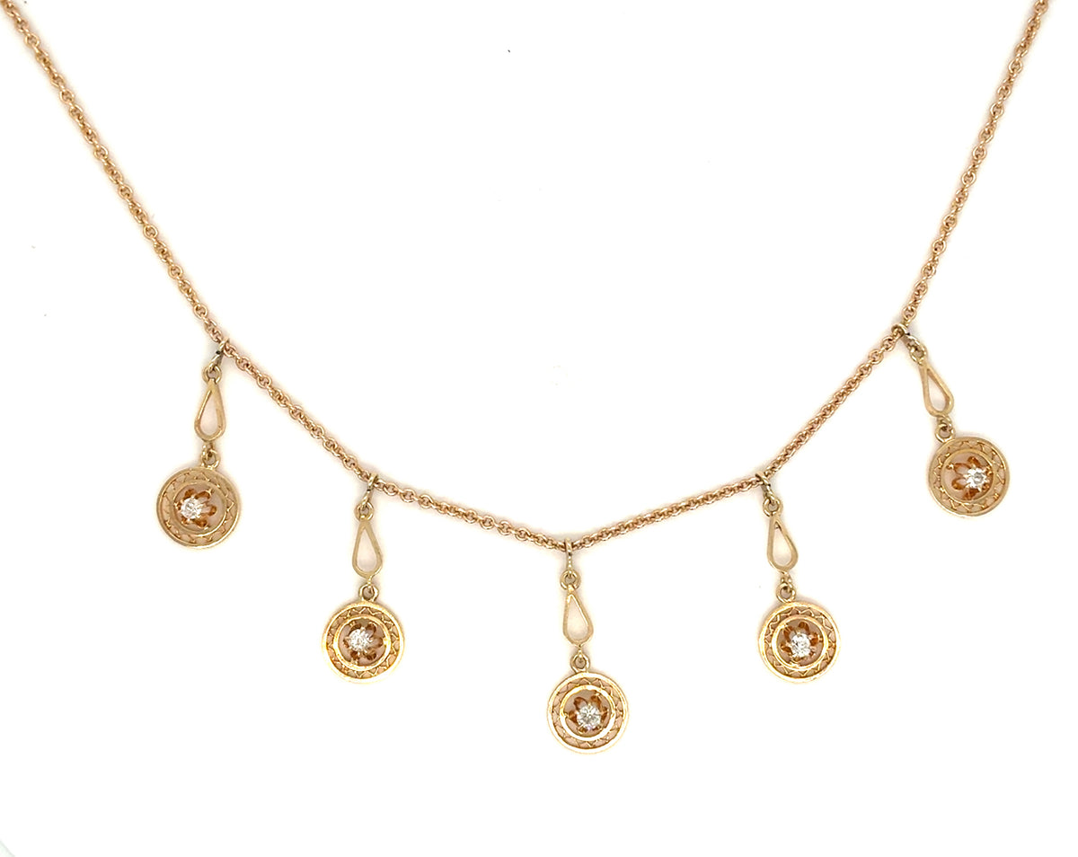 Estate 14K Yellow Gold Filigree Necklace with 5 Diamond Dangles