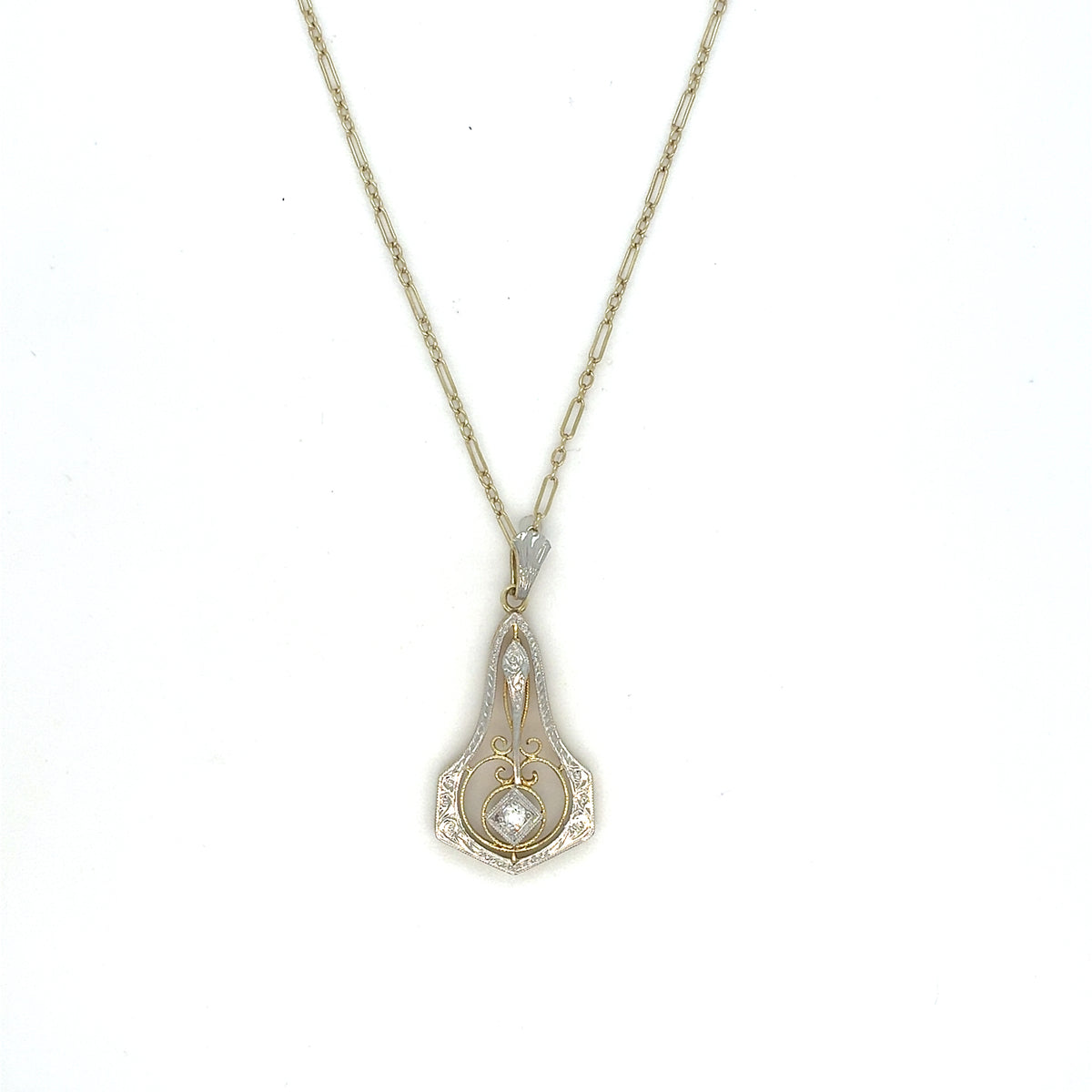 Estate 14K Two-Tone Diamond Filigree Engraved Open Pendant