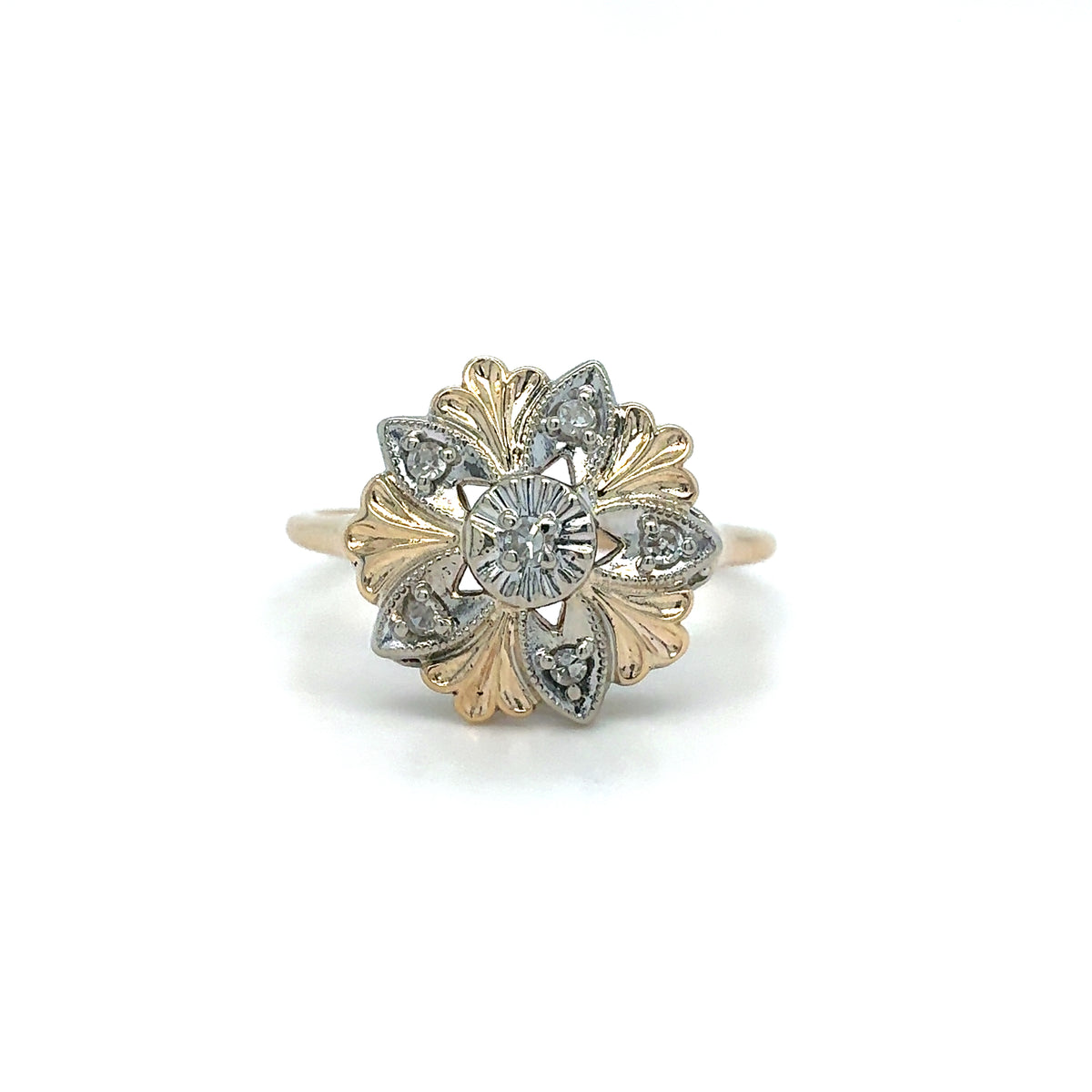 Estate 14K Two-Tone Open Flower Filigree Ring with Diamond Accents