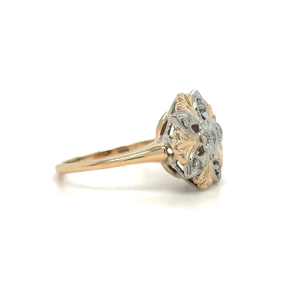 Estate 14K Two-Tone Open Flower Filigree Ring with Diamond Accents