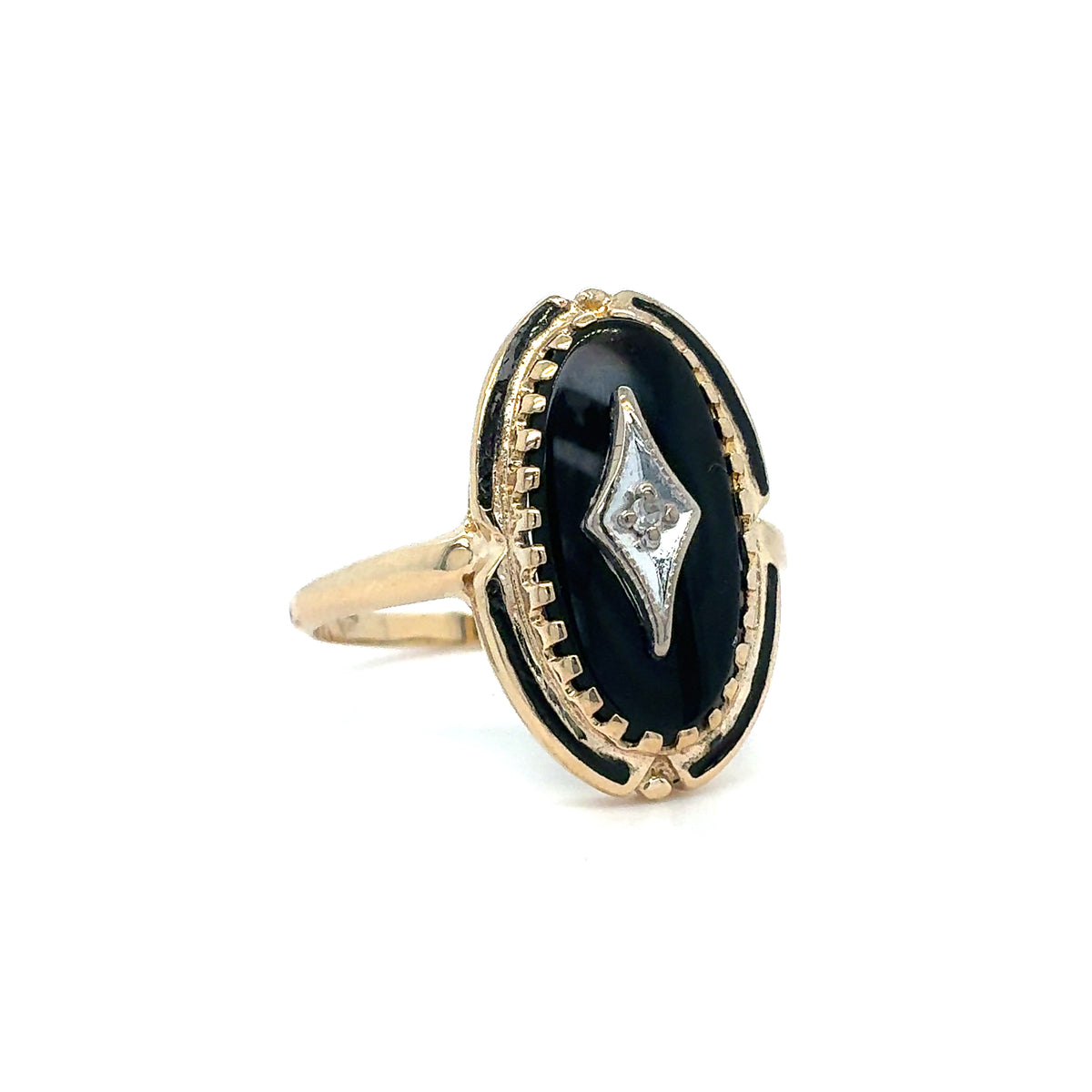Estate 10K Two-Tone Black Onyx & Diamond Ring with Enamel Detail