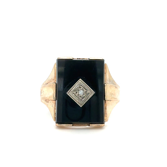 Estate 10K Yellow Gold Men’s Black Onyx & Diamond Ring