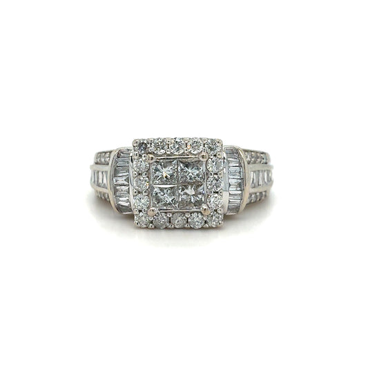 Estate 10K White Gold Diamond Cluster Ring with Princess, Round & Baguette Cuts – Size 7