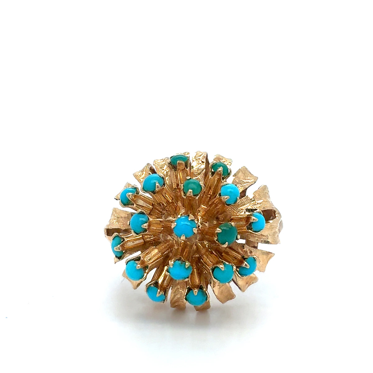 ESTATE 18KYG LDS COCKTAIL RING W/ TURQUOISE  BLUE ROUND CABACHON ACCENTS FINGER SIZE 10.25
