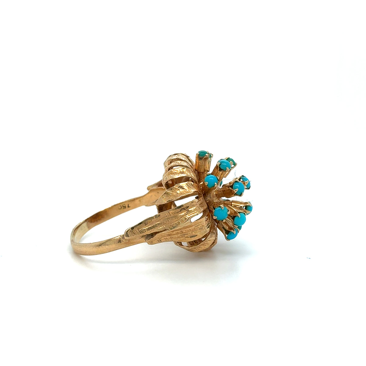 ESTATE 18KYG LDS COCKTAIL RING W/ TURQUOISE  BLUE ROUND CABACHON ACCENTS FINGER SIZE 10.25