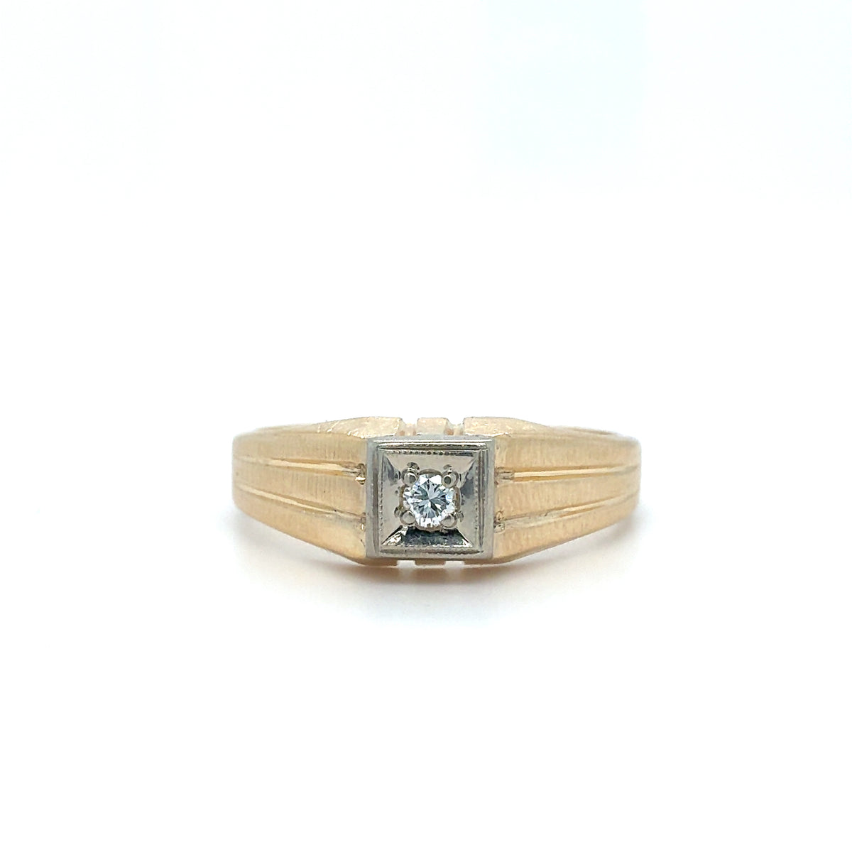 Estate 14K Yellow Gold Men’s Etched Ring with Round Brilliant-Cut Center – Size 10