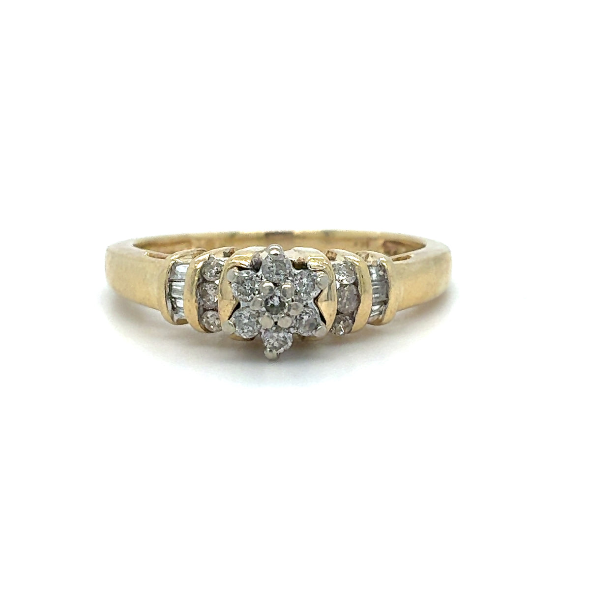 Estate 14K Two-Tone Ladies Flower Cluster Ring with Rounds & Baguettes – Size 8