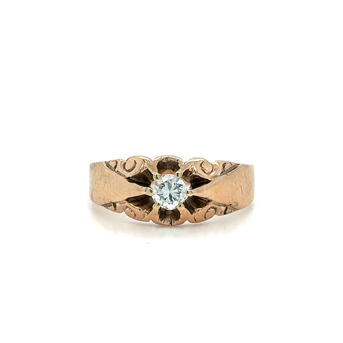 Estate 10K Yellow Gold Ladies Filigree Ring with Round Brilliant-Cut Center – Size 5.25