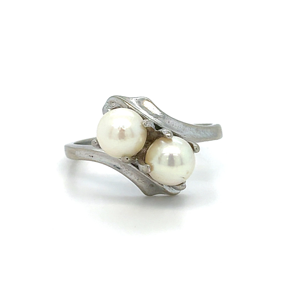 Estate 10K White Gold Double Pearl Ladies Ring – Size 7