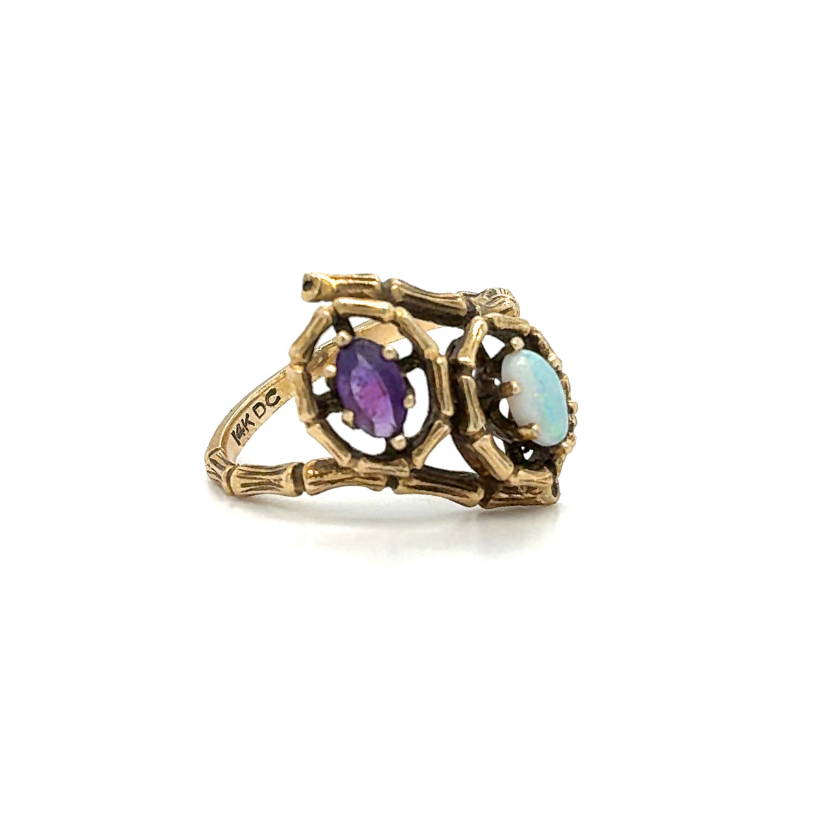 Estate 10K Yellow Gold Ladies Ring with Two Oval Gemstones & Bamboo Design – Size 6.5