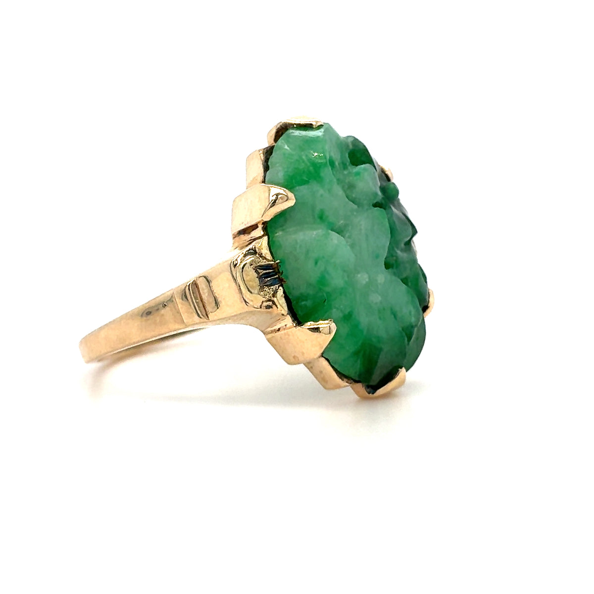 Estate 10K Yellow Gold Ladies Ring with Green Carved Center & Flower Design – Size 7.5