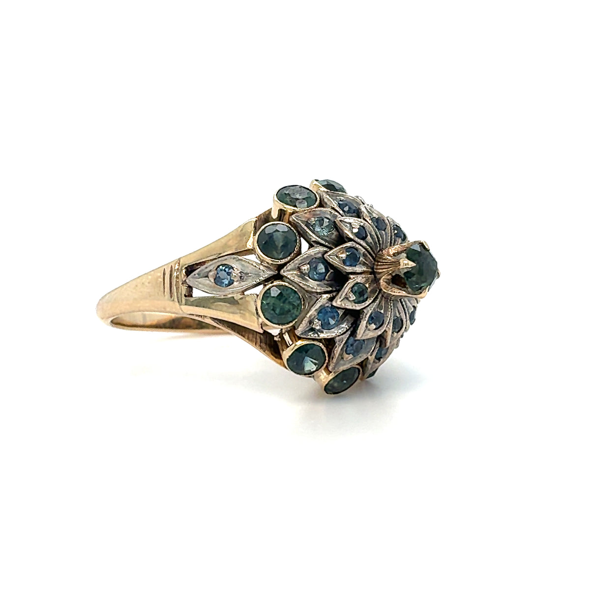 Estate 10K Two-Tone Domed Cocktail Ring with Blue & Green Stones – Size 6.5