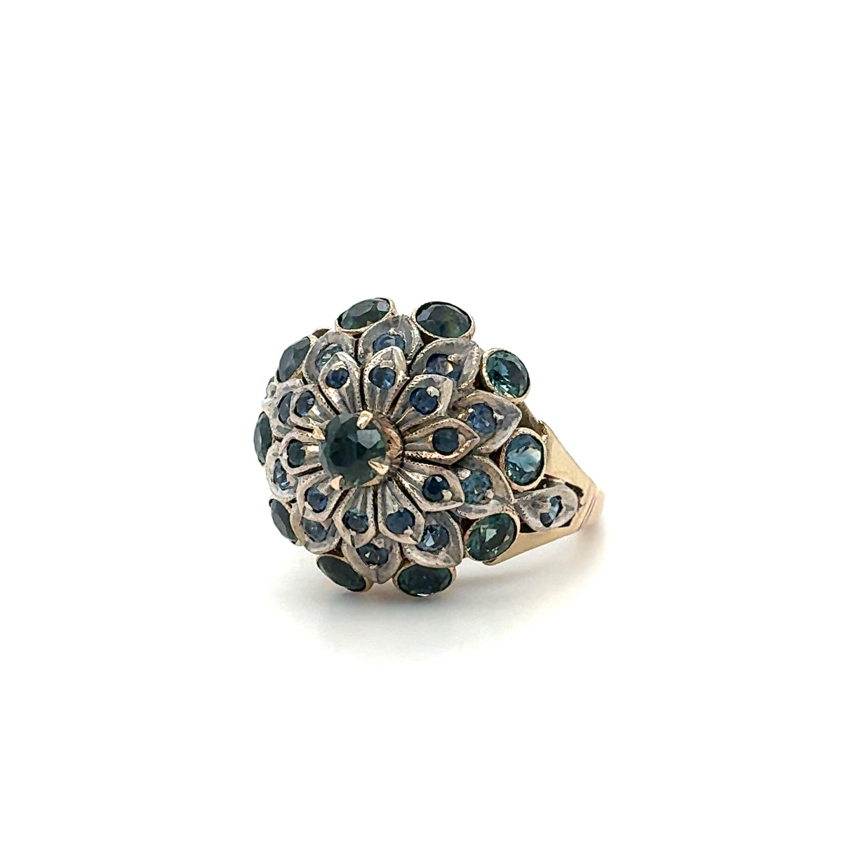 Estate 10K Two-Tone Domed Cocktail Ring with Blue & Green Stones – Size 6.5