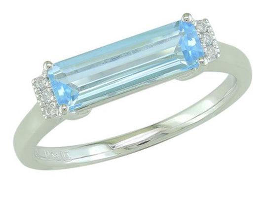 14KWG Elongated Elegance East West Set Blue Topaz with Diamond Accents Ring