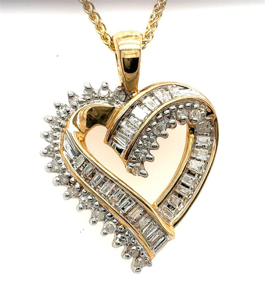 10K Yellow Gold Diamond Heart Pendant – Baguette & Round (No Chain)