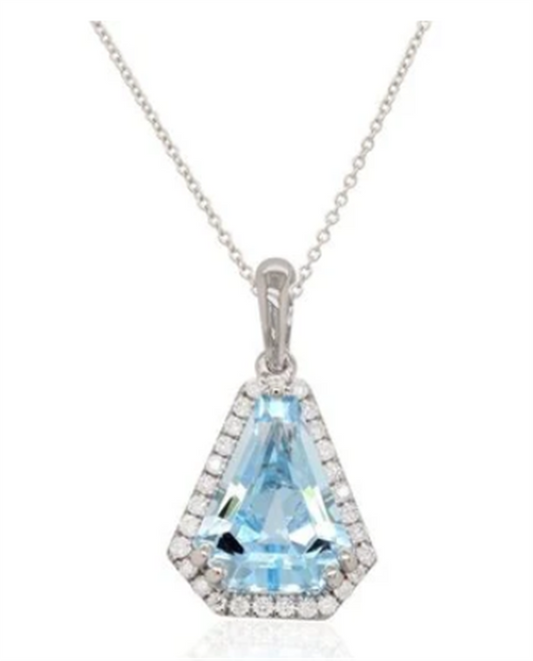 14K White Gold Triangle Blue Topaz Pendant – 2.34ct with .11ctw Diamond Halo & Chain