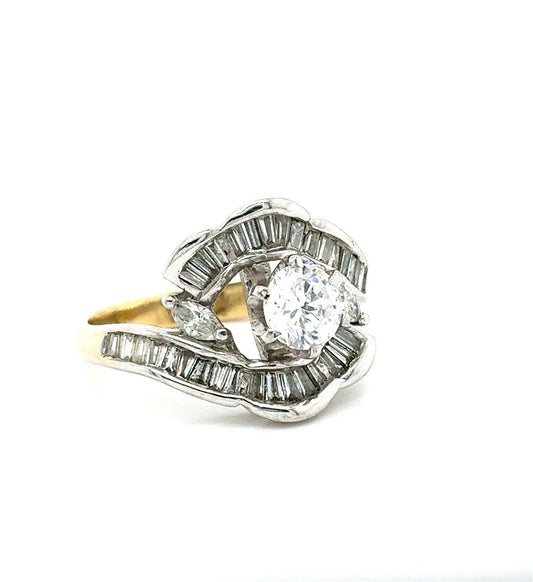 14K Two-Tone Ring with CZ Round Center & Baguette Side Diamonds – Size 5.5