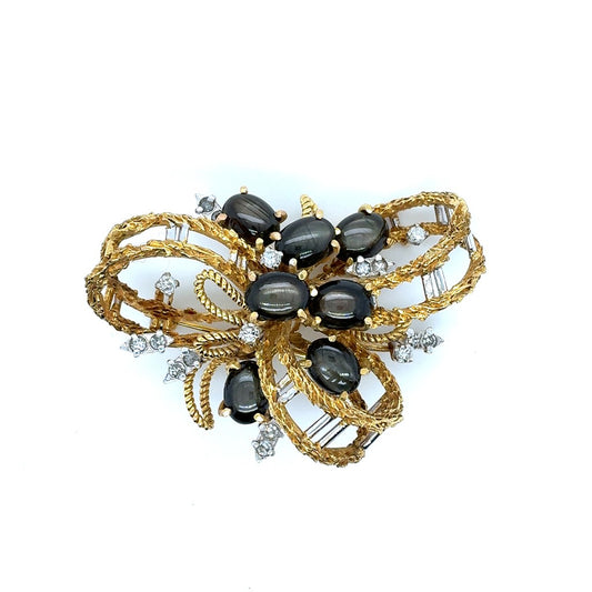 14K Yellow Gold Estate Bow Pin with Black Stones & Diamond Accents