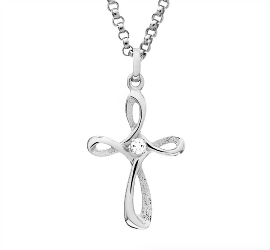 Sterling Silver CZ Ribbon Cross Necklace