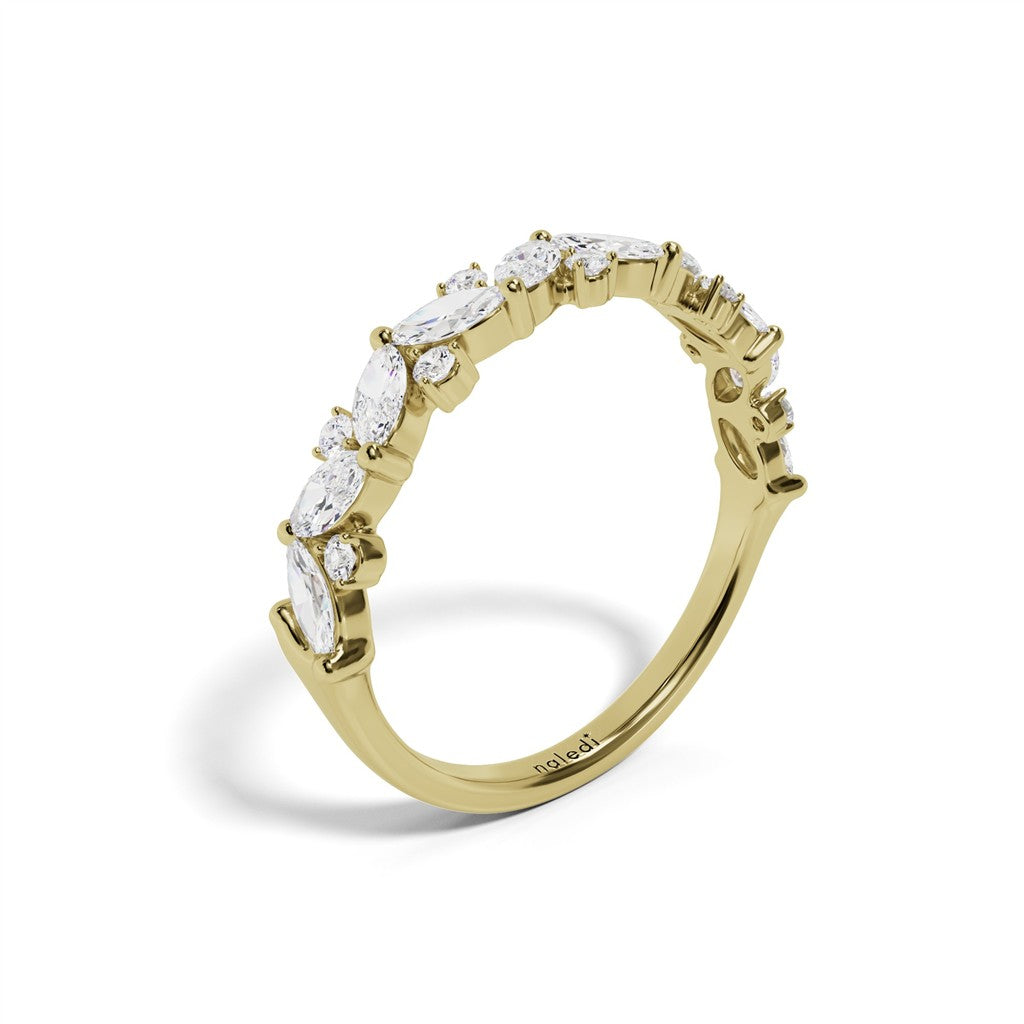 14K Yellow Gold Wedding Band – Alternating Marquise & Round Diamonds