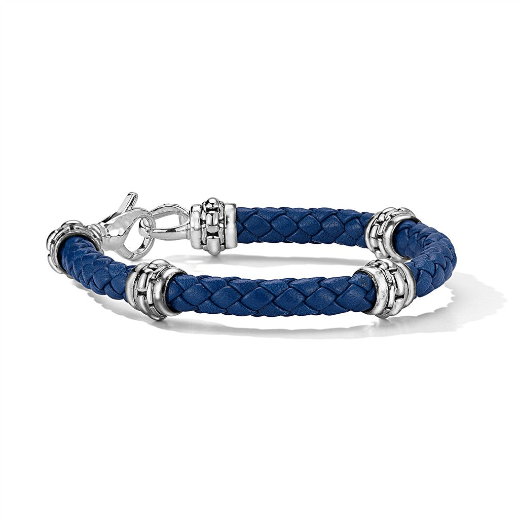 JAI Sterling Silver 6mm Woven Ocean Blue Leather & | Silver Bracelets