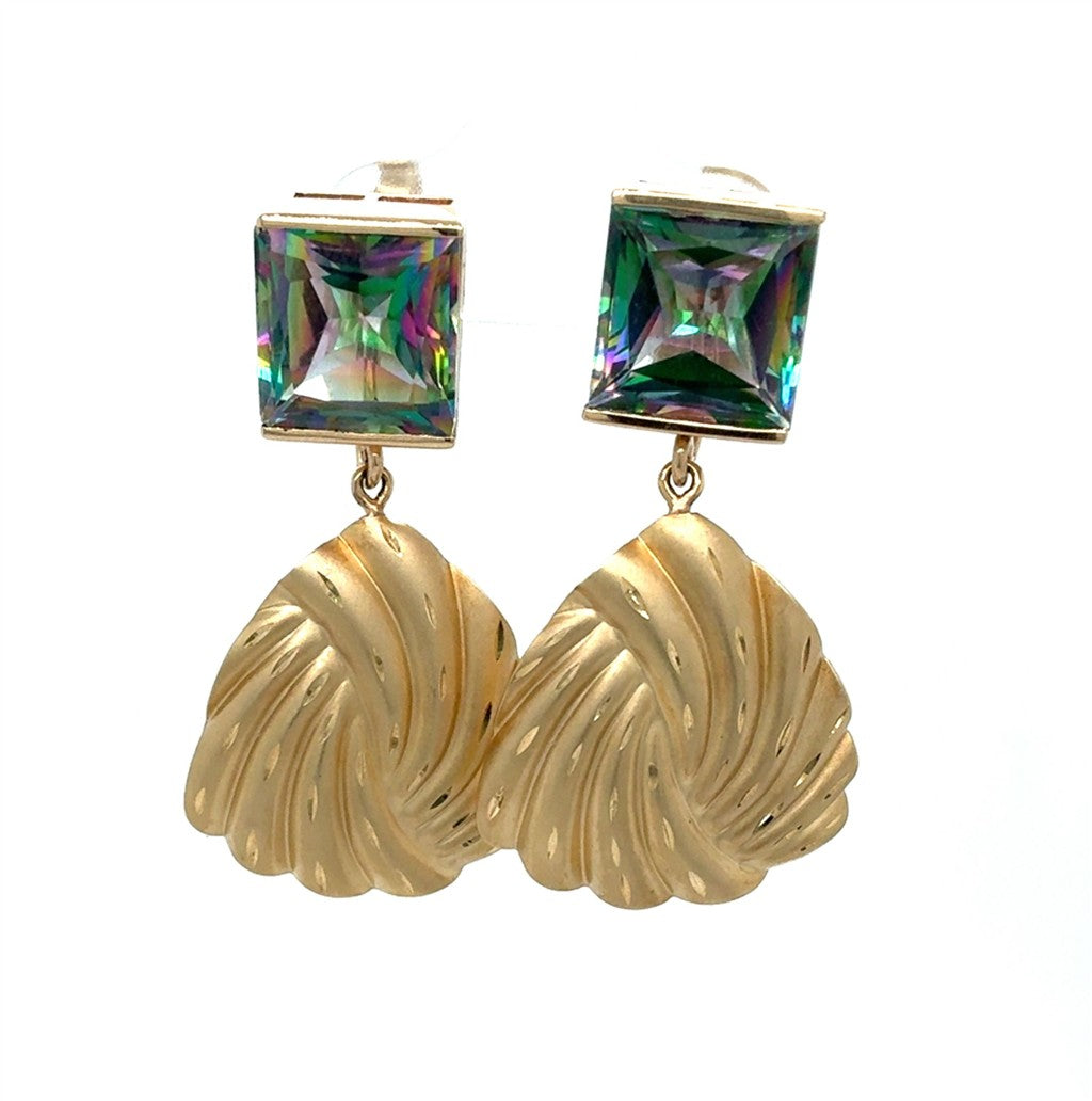 14K Yellow Gold Square Mystic Topaz Stud Earrings