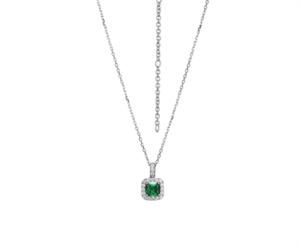 ELLE “Radiance” Cushion-Cut Green & Clear CZ Halo Necklace in Sterling Silver