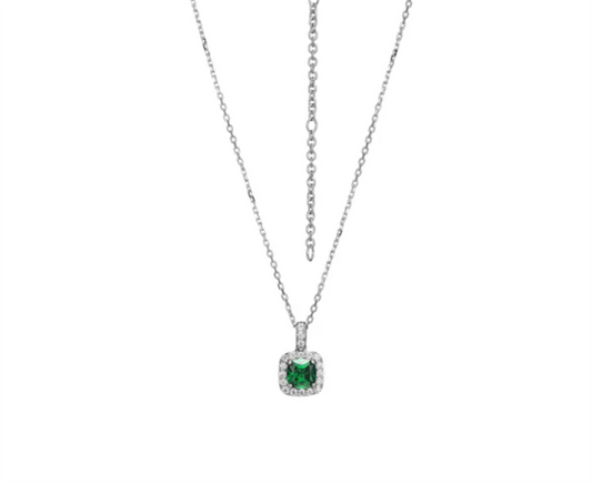 ELLE “Radiance” Cushion-Cut Green & Clear CZ Halo Necklace in Sterling Silver