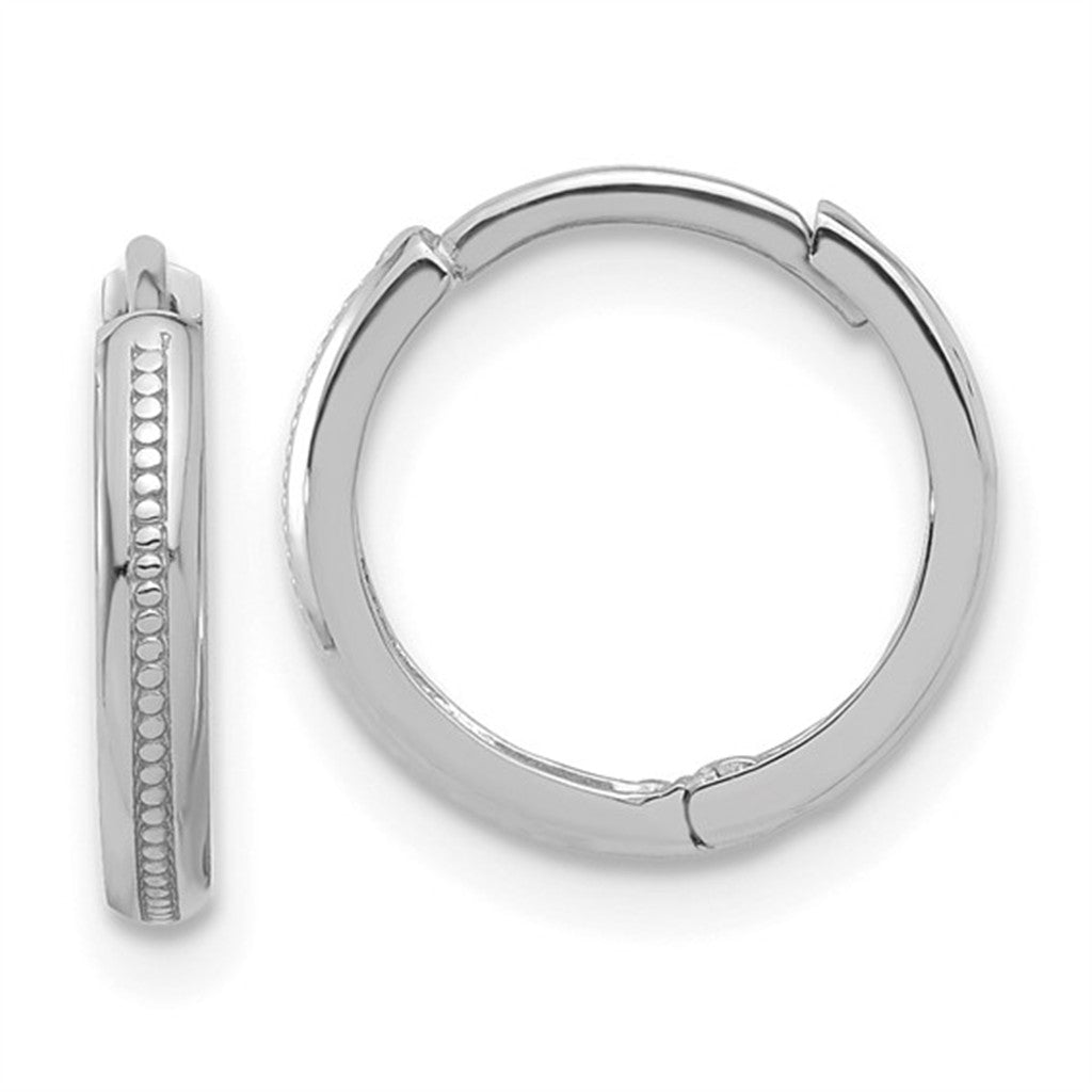 Elegant 14K White Gold Polished & Textured Small Huggie Hoop Earrings