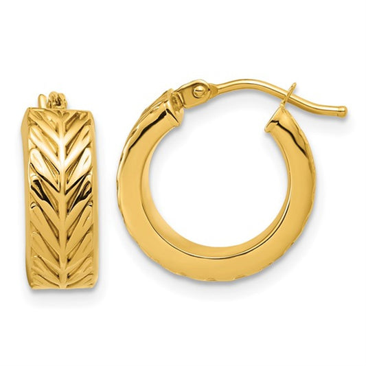 14K Yellow Gold Round Hoop Earrings – Polished & Grooved Design
