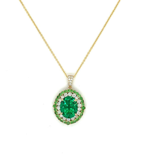 14K Yellow Gold Double Halo Pendant – 3.20ct Green Quartz, .48ctw Diamonds & .29ctw Green Garnets with Chain