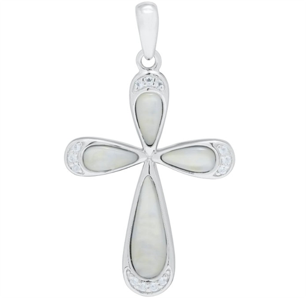 Sterling Silver Cross Necklace with Mother of Pearl & White Topaz – 18" Chain