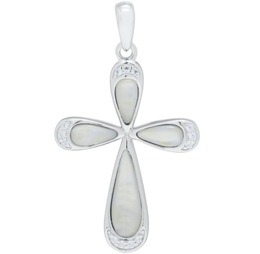 Sterling Silver Cross Necklace with Mother of Pearl & White Topaz – 18" Chain