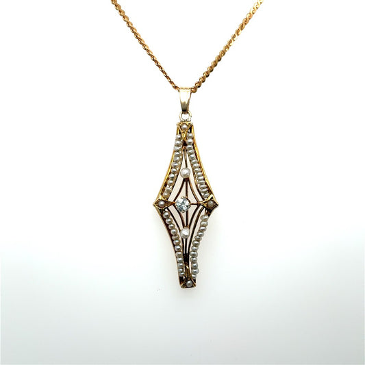 14K Yellow Gold Estate Pendant with Pearls & Center Diamond – No Chain